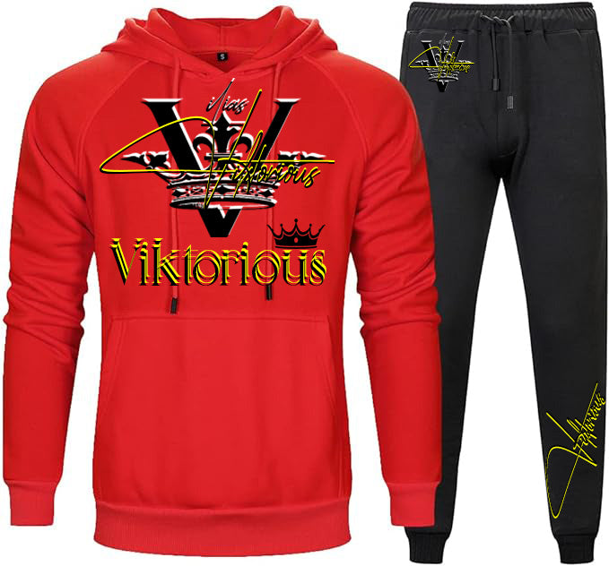 V - Pullover Hoodie Tops and Pants Set Casual Sports Tracksuit with Pocket