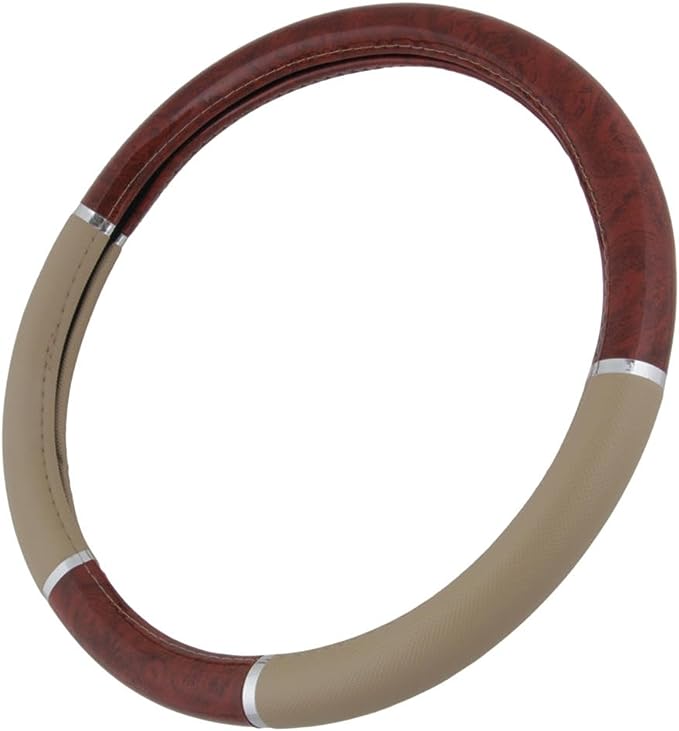 15 inch with Beige Leather Grip, wheel cover is made of rubber, the elastic material makes the steering wheel cover easy to install and fit snugly against the steering wheel. Added safety features while driving.