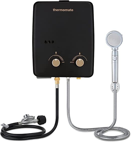 Tankless Water Heater, thermomate 5L Portable Propane Gas Water Heater with Overheating Protection, 1.32 GPM, Outdoor Instant Water Heater for RV Camping, 34,000 BTU/Hr, Easy to Install, Black