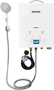 Onsen - 5L Portable Tankless Propane Water Heater - Dual Ignition System - Instant Hot Water - for Camping & Outdoor Use Only - with LED Screen, Premium Shower Head, & 12-Volt Alligator Clips