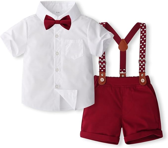 Formal Suits:The toddler boy's shirt features turn down collar,button-down and short sleeves,make him look stylish and handsome.The removable suspender shorts and bow tie are comfortable and durable