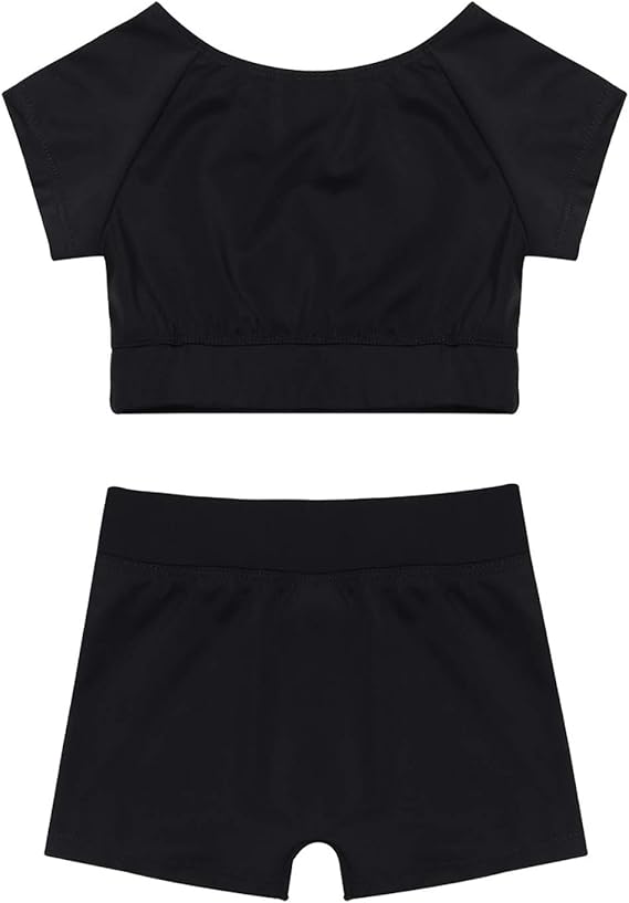 Short sleeves, elastic neckline. Soft and smooth fabric, comfortable and breathable to wear, Girls Gymnastics Dance Crop Top with Booty Shorts Set Sports Dancing Running Outfit