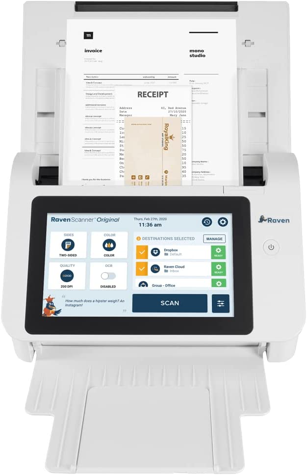 Raven Original Document Scanner - Huge LCD Touchscreen, Color Duplex Feeder (ADF), Wireless Scanning to Cloud, WiFi, Ethernet, USB, Home or Office (2nd Gen)