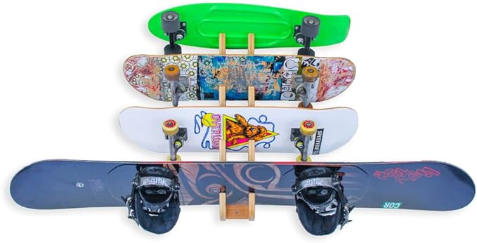 Skateboard rack is the best way to keep your boards organized! Made with beautiful bamboo,  Surf Skateboard Wall Mount Display | Snowboard Wall Storage Holds Four Boards
