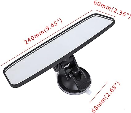 mirror is 9.45'' * 2.36'', which can reduce blind spot and fit for most cars and boats, such as SUV, truchs, pickup, toyota, tesla, jeep Wrangler, ford focus and so on. Car Interior Rear View Mirror with ShatterProof Tempered Glass & 360°