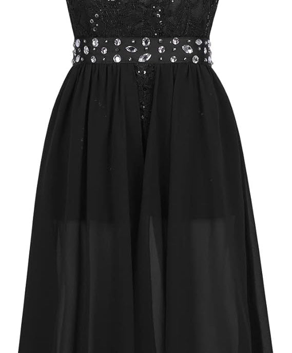 Sleeveless, round neckline, floral lace top bodice, rhinestone trim at the waist. Hidden back zipper closure