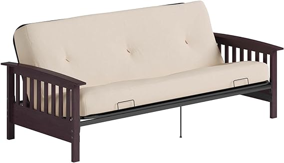 6” Mattress, Tan Microfiber, 88.9 x 204.47 x 93.98, Espresso Wooden Arm Futon Frame
