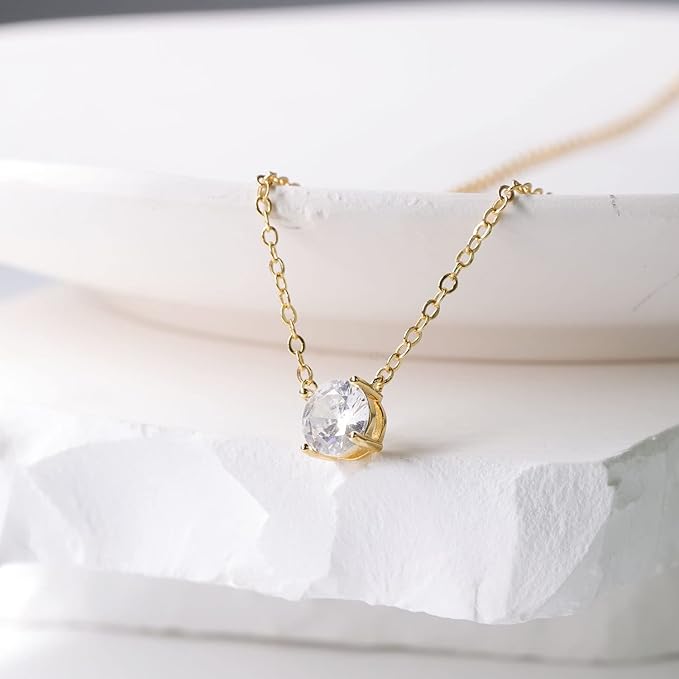 tiny cubic zirconia stone. As light dances across the surface of these stones, Dainty Necklace - 14K Gold/White Gold Plated Round Teardrop Single Solitare