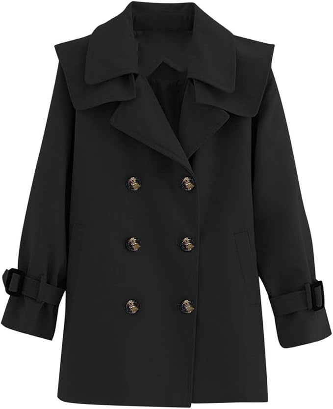 Oversized Lapels Style, Double Breasted closure, Detachable Belt Fastening Grey Buffalo Horn Buttons,  Double Breasted Notched Collar Wool Blend Long Trench Coat Winter Warm Peacoat Dress Coat