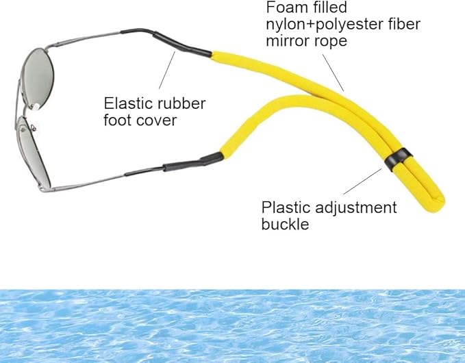 The surface of this Floating Sunglass strap is knitted with Polyester yarn and the core is foam tube which is the reason it can floating on the water