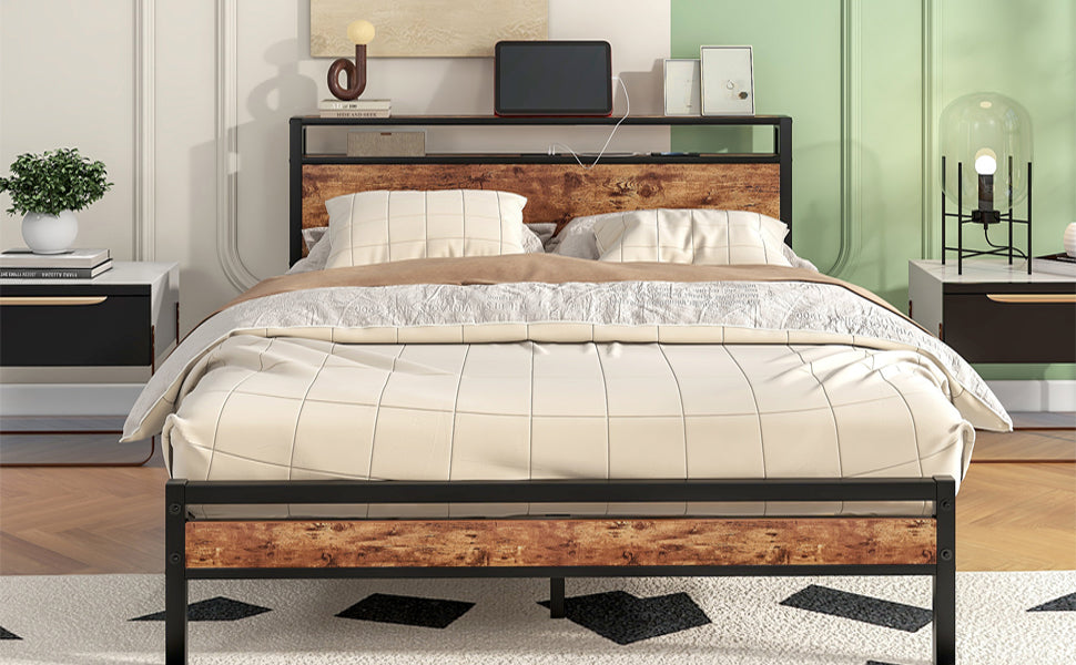 Headboard/USB Charging Station Queen Bed Frame with Wooden Headboard,Metal Platform Bed Frames with Strong Slat Support,No Box Spring Needed