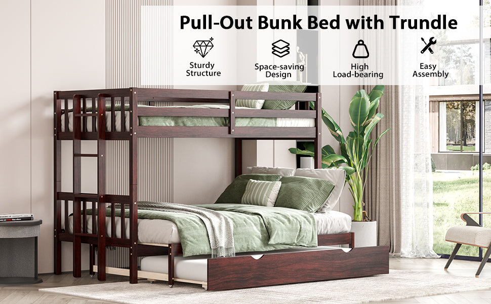 Pull-Out Bunk Bed with Trundle, Twin Over Full, Twin Over 2 Twins Bunk Bed with Ladder