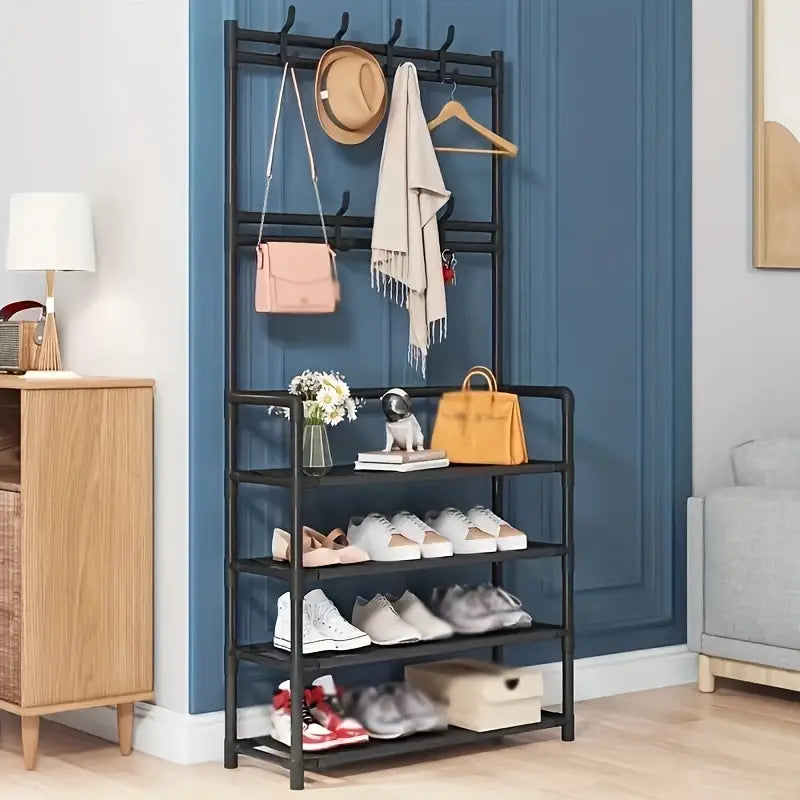Simple Assembled Multi-layer Storage Rack, Shoes Organizer Shelf With Clothes Coat Hat Bag Key Hanging Rack, For Home Room Entrance Living Room