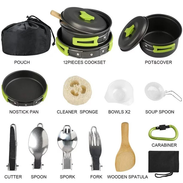 15Pcs Backpacking Gear Hiking Outdoors Non Stick Camping Cookware Set 1-2 People Lightweight Compact Durable Pot