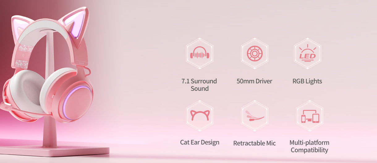 Pink Cat Ear Headset Wireless Gaming Headsets