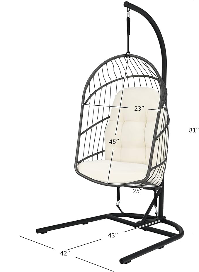 cushion and seat cushion with thick foam padded, which brings soft touch. Besides,Oudoor Indoor Foldable Swing Chair with Cushions, Rattan Hanging Basket Chairs with C Hammock Stand