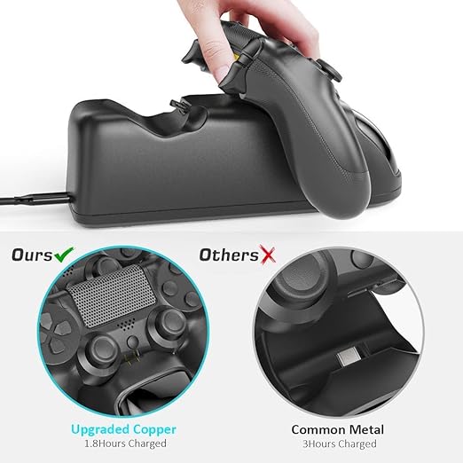 2 hour to charge PS4 controllers at the same time. No need to wait more time when charge two PS4 controllers, Controller Charging Docking Station with LED Light Indicators and for Compatible with Sony PlayStation 4 PS4/PS4 Slim/PS4 Pro Controller