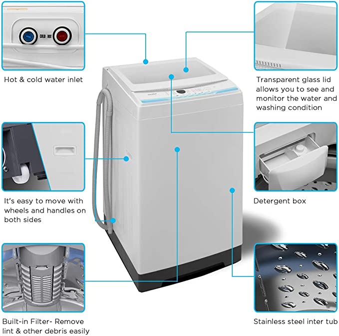 Portable Washing Machine, 11lbs Capacity Fully Automatic Compact Washer with Wheels