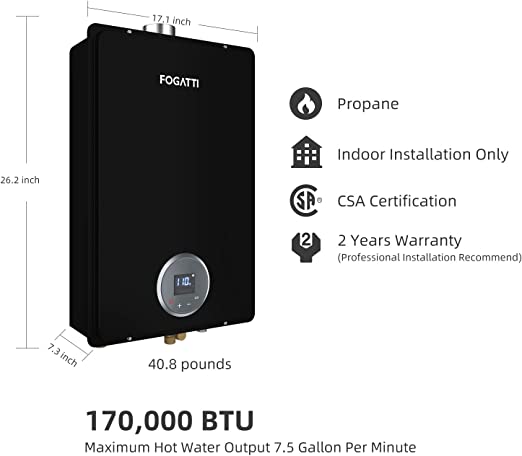 FOGATTI Propane Gas Tankless Water Heater, Indoor 7.5 GPM, 170000 BTU Black Instant Hot Water Heater