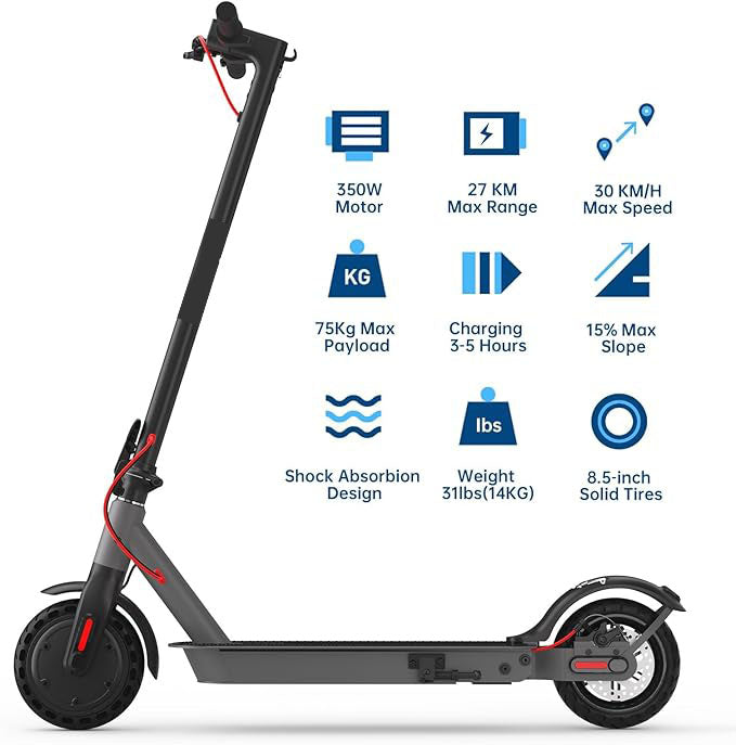 Electric Brushless Hub Motor and 270 WH Battery, 2 Speed Modes Allows A Max Travel Range Of 27 Km 17 Miles, S2 Electric Scooter for Adults, 350W Motor - 27km Range & 30km/h Speed, 8.5