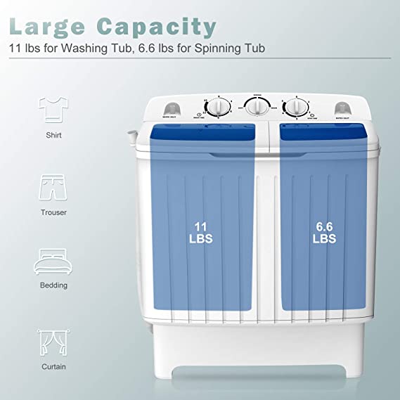 Portable Washing Machine, Twin Tub 17.6Lbs Capacity, Washer(11Lbs) and Spinner(6.6Lbs), Durable Designe