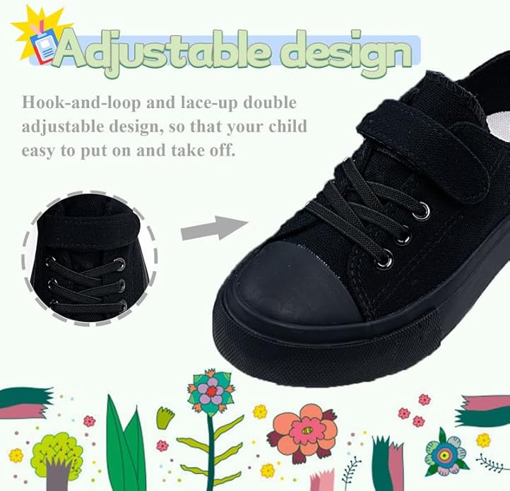 Canvas Low Top Sneakers Classic Adjustable Strap Lace up Shoes for Kids Breathable