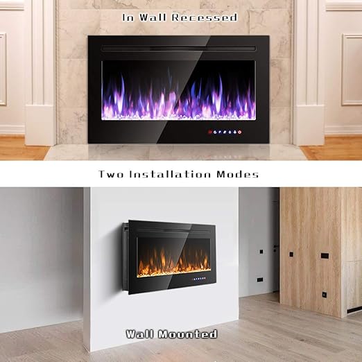 This electric fireplace provides 9 flame color options and 5 flame brightness from dim ember light to bright light.750W/1500W Wall Recessed and Mounted Fireplace Insert with Remote Control