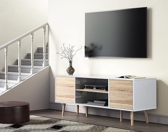 . Made from high-grade particle board material that promises a long service life.TVs up to 60 inch Flat Screen Wood TV Console Cabinet with Storage, Home Entertainment Center in White and Oak for Living Room