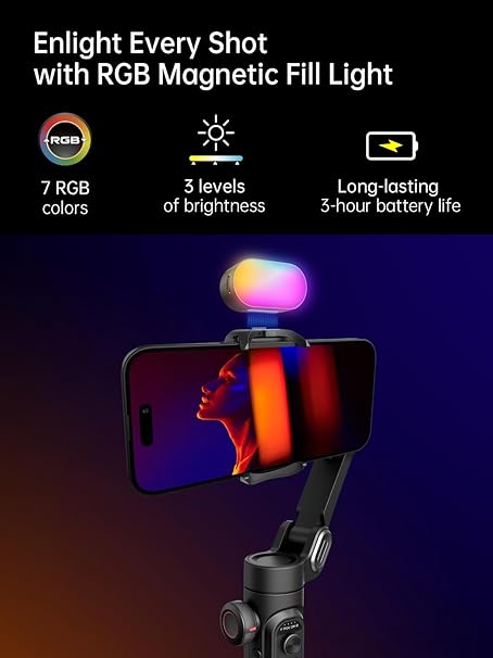 .The RGB Magnetic Fill Light has 7 different light colours that can be switched at will to suit a variety of scenes. Smartphone Gimbal Phone Stabilizer Smartphone Gimbal Video Recording estabilizador Magnetic Fill Light 3-Axis Foldable Android Gimble