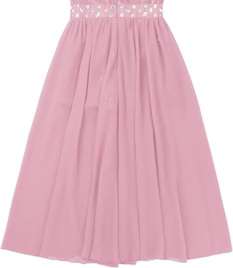 Sequin waistline attaches with high-low chiffon hem; flowy skirt echoes with ribbon, eye-catching and unique