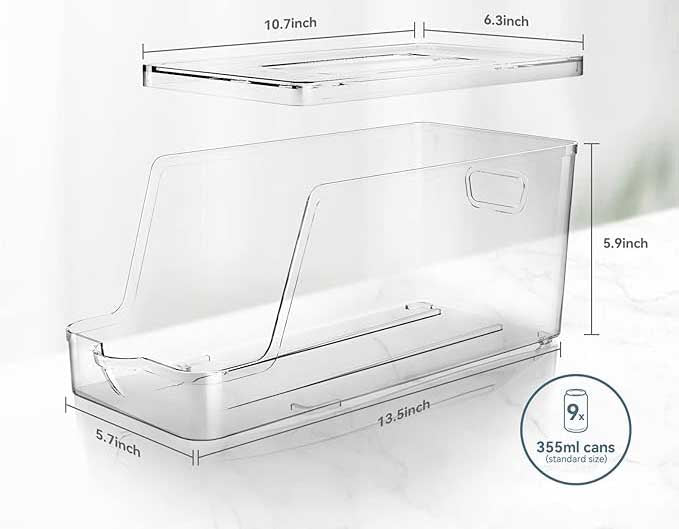 stackable with lids for saving space. There will be extra storage on the lid top, which maximizes the use of refrigerator storage space, Clear Plastic Refrigerator Organizer Bins, Beverage Can Holders for Pantry, Freezer, Kitchen, Cabinets Set of 2