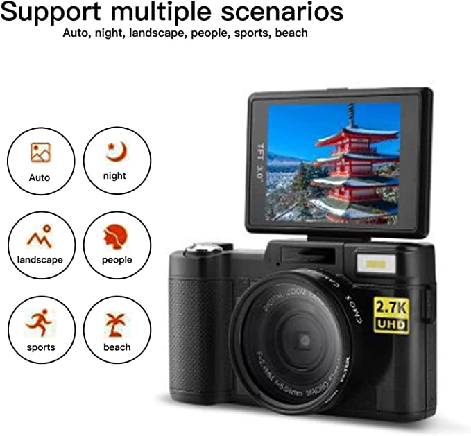 Digital Camera Vlogging Camera with 3" 180 Degree Rotation Flip LCD Screen, Full HD 2.7K 48MP Vlog Camera Camcorder Builtin 800mAh Battery