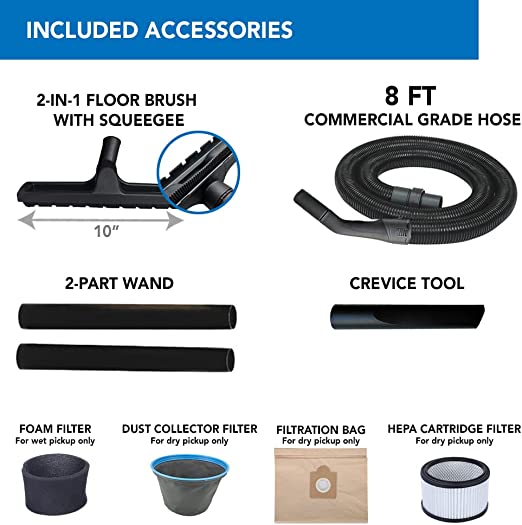 Heavy-Duty Stainless Steel Semi- Commercial Shop Vacuum System Powerful 5 Peak HP Motor, 63.5''