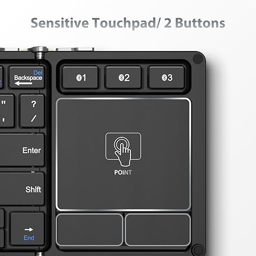 works seamlessly with various operating systems including Windows, macOS, Android, Samsung, tablets, smartphones and laptops, Bluetooth Keyboard, BK08 Portable Folding Keyboard with Touchpad (Sync Up to 3 Devices), Pocket-Sized Tri-f