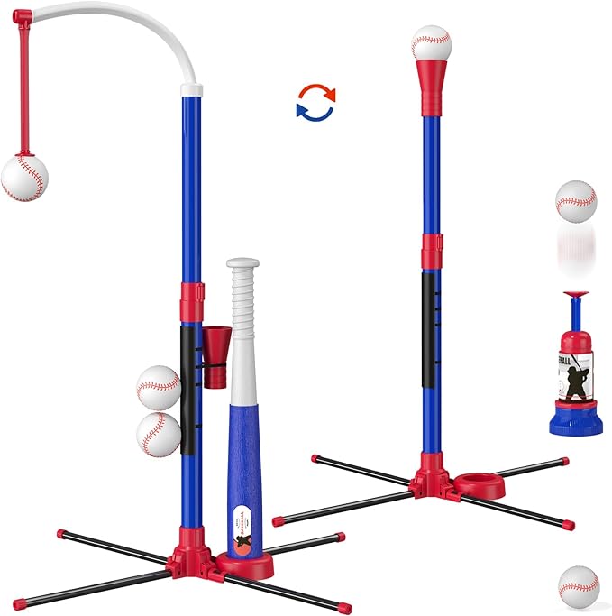self-stick covers and can be hung anywhere from 15" to 30" off the ground, Set for Kids 3-5, Kids Baseball with Hanging Tee/Standing Tee/Automatic Launcher/6 Softballs
