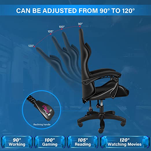 Gaming Chair, Office Computer Chair Ergonomic Racing Leather Reclining Desk Chair with Lumbar Support and Adjustable Armrests