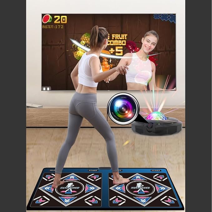 Dance mat includes MTV and cartoon dance modes. Support 4 keys, 6 keys, hands and feet, yoga, motion sensor handle, HDMI musical electronic dance mat with a camera, a 64G large memory card, including 1000 games, 81 music videos, 650 songs