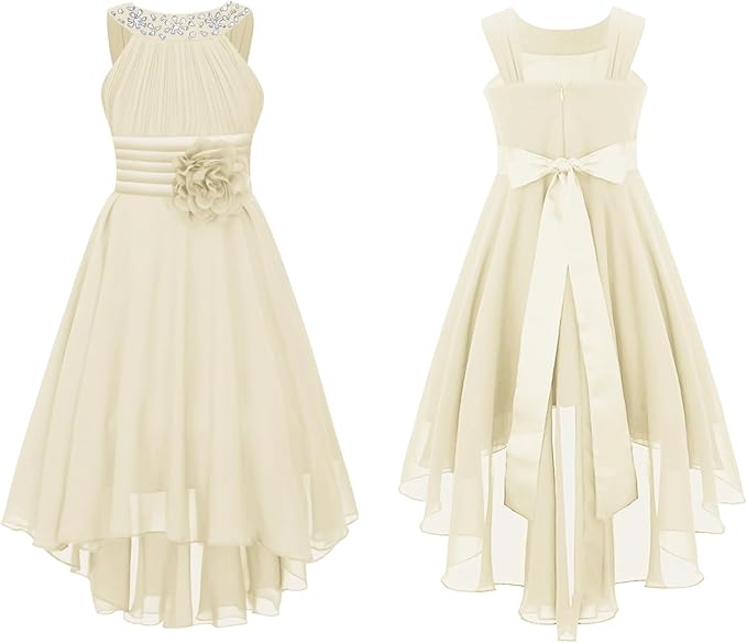 Sleeveless, round neck with shiny beaded decoration, ruched bodice, flattering satin pleated waist, back zipper closure, Kids Big Girls Floral Lace High Low Flower Girl Wedding Bridesmaid Birthday Party Dress Sleeveless