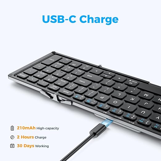 The balance stand detail ensures stability while typing.Foldable Keyboard with Number Pad, BK09 Wireless Portable Keyboard for Travel and Business Trip, USB-C Charging Compact Keyboard for iPad