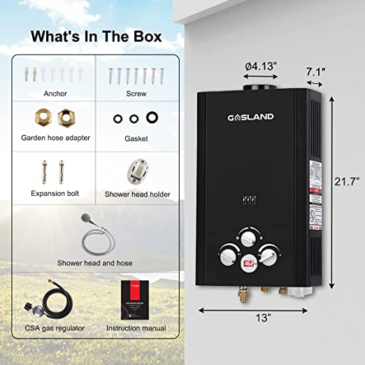 Tankless Water Heater Propane, GASLAND Outdoors 10L 2.64GPM Gas Water Heater, Instant Hot Water Heater, Overheating Protection, Easy to Install, Use for RV Cabin Barn Camping Boat(Black)