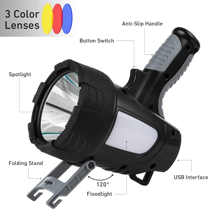 6 Modes Waterproof Handheld the high output is up to 1000,000 lumens, large-area irradiation, and Irradiation distance of up to 1500 meters.1000,000 Lumens Led Spotlight Flashlight with Cob Light and Foldable Tripod,