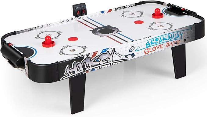 design can prevent injuries caused by accidental collisions.Table Top Air Hockey with 2 Pucks, 2 Pushers , Mini Air Hockey Arcade Table for Kids Adults