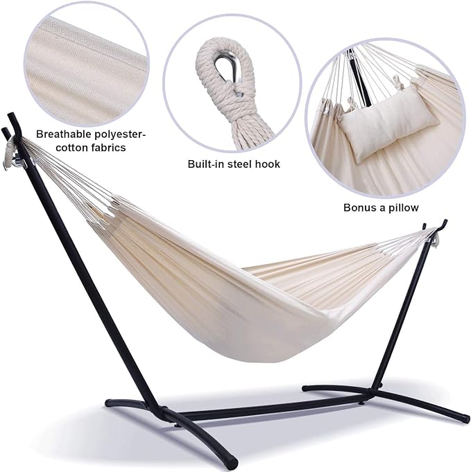 Hammock the eco-friendly cotton and polyester fabric. Along with the detachable head pillow of the same fabric Camping Garden Patio