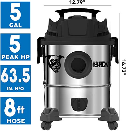 Heavy-Duty Stainless Steel Semi- Commercial Shop Vacuum System Powerful 5 Peak HP Motor, 63.5''
