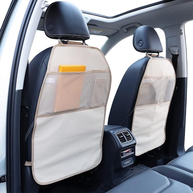 2 pack of kick mats protect both your driver's seat and front passenger seat,  Mat 2 Pack Durable Water Resistant Auto Seat Back Covers with 2 Mesh Pockets Protection Against Dust Mud