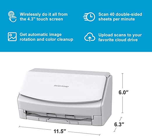 Fujitsu ScanSnap iX1600 Wireless or USB High-Speed Cloud Enabled Document, Photo & Receipt Scanner with Large Touchscreen and Auto Document Feeder for Mac or PC, White