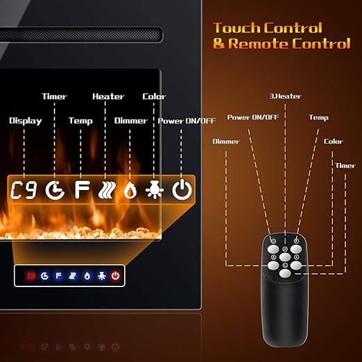 This electric fireplace provides 9 flame color options and 5 flame brightness from dim ember light to bright light.750W/1500W Wall Recessed and Mounted Fireplace Insert with Remote Control