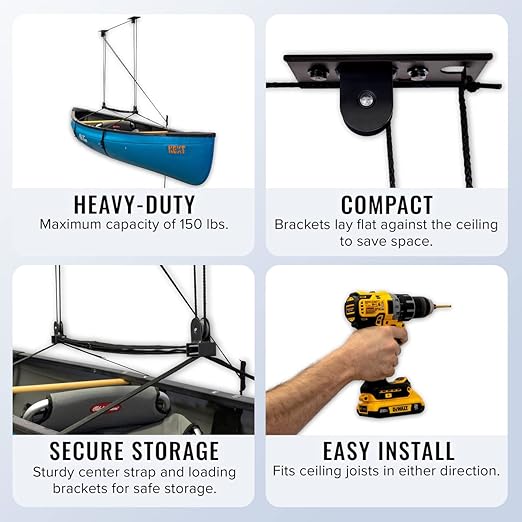 Heavy Duty Holds 150 lbs, Indoor Organizer, kayak with just one person. Heavy-duty straps and independent ceiling brackets mean you can adjust the setup to fit the size of your kayak