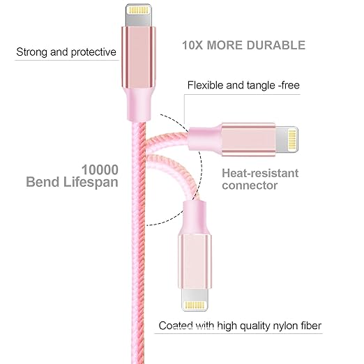 Apple certified built-in terminal and smart chip ensure your Apple devices are charged safely at their fastest possible speed,  Braided Fast Charging Cord Compatible for iPhone 14/13/12/11/X/Max/8/7/6/5/SE/Plus/iPad - Pink