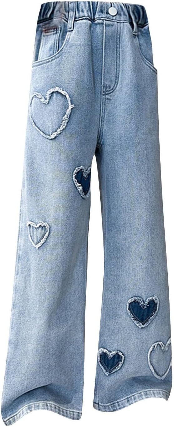 Kids Mid Rise Elastic Band with Pockets Girls Stacked Flare Jeans High Waisted Denim Bell Bottom Bootcut Casual Kids School Ruch Pants Wide Leg Denim Pants Elastic Waist Casual Jeans Elastic Waist Wide